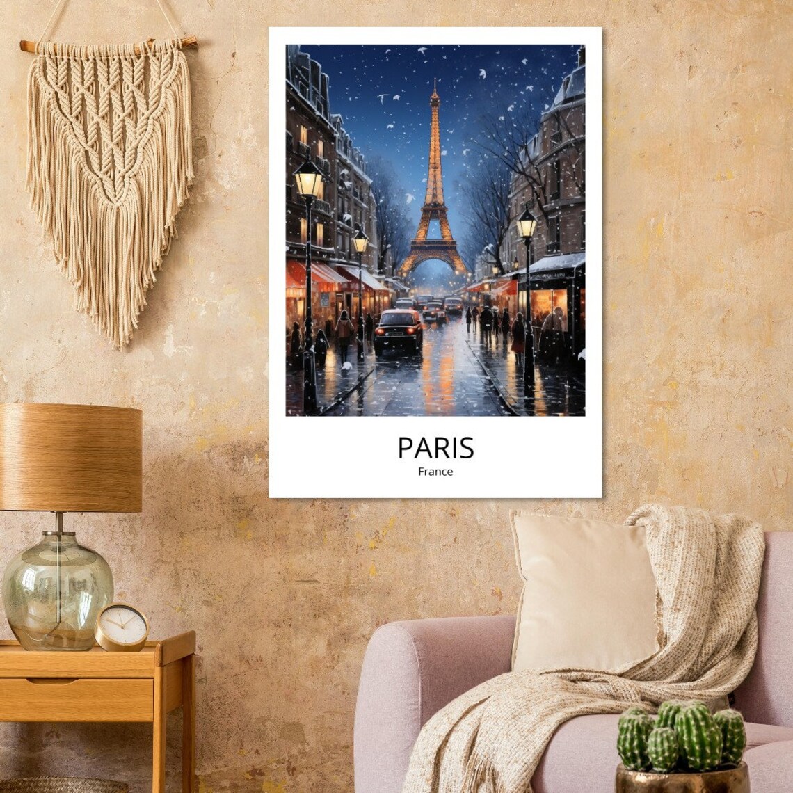 Paris Eiffel Tower Snowy Night Street Lamp Glow Illustration Poster - Image 2