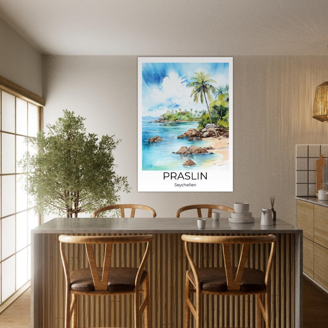 Praslin Seychelles Watercolor Tropical Beach Palm Cove Travel Poster - Image 4