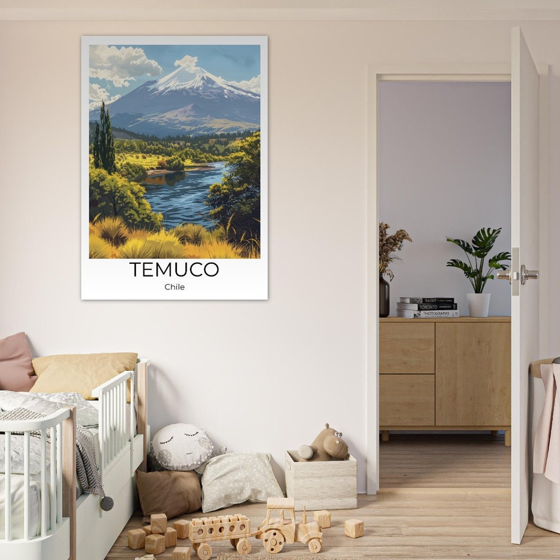 Temuco Chile Snowy Volcano River Golden Meadow Landscape Poster - Image 4
