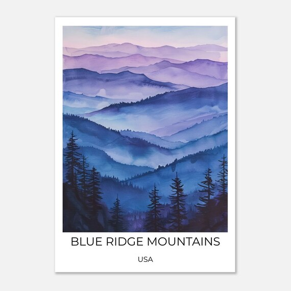 Blue Ridge Mountains Mountains In Usa Watercolor Travel Poster Blue Ridge Mountains Wall Art Usa Travel Print Blue Ridge Mountains