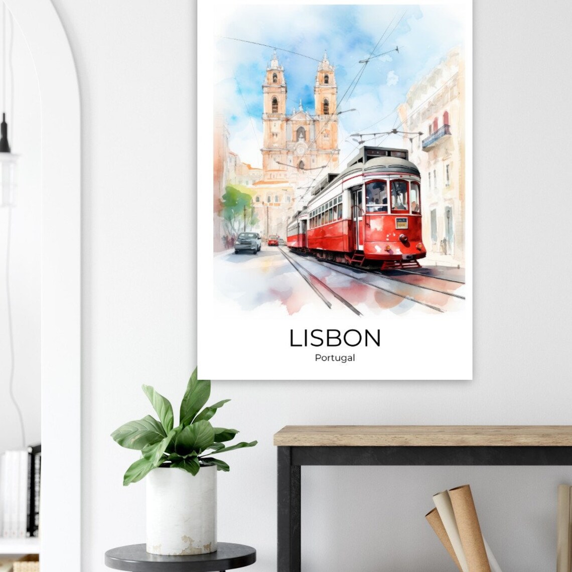 Lisbon Red Tram Cathedral Street Watercolor Portugal Travel Poster - Image 2