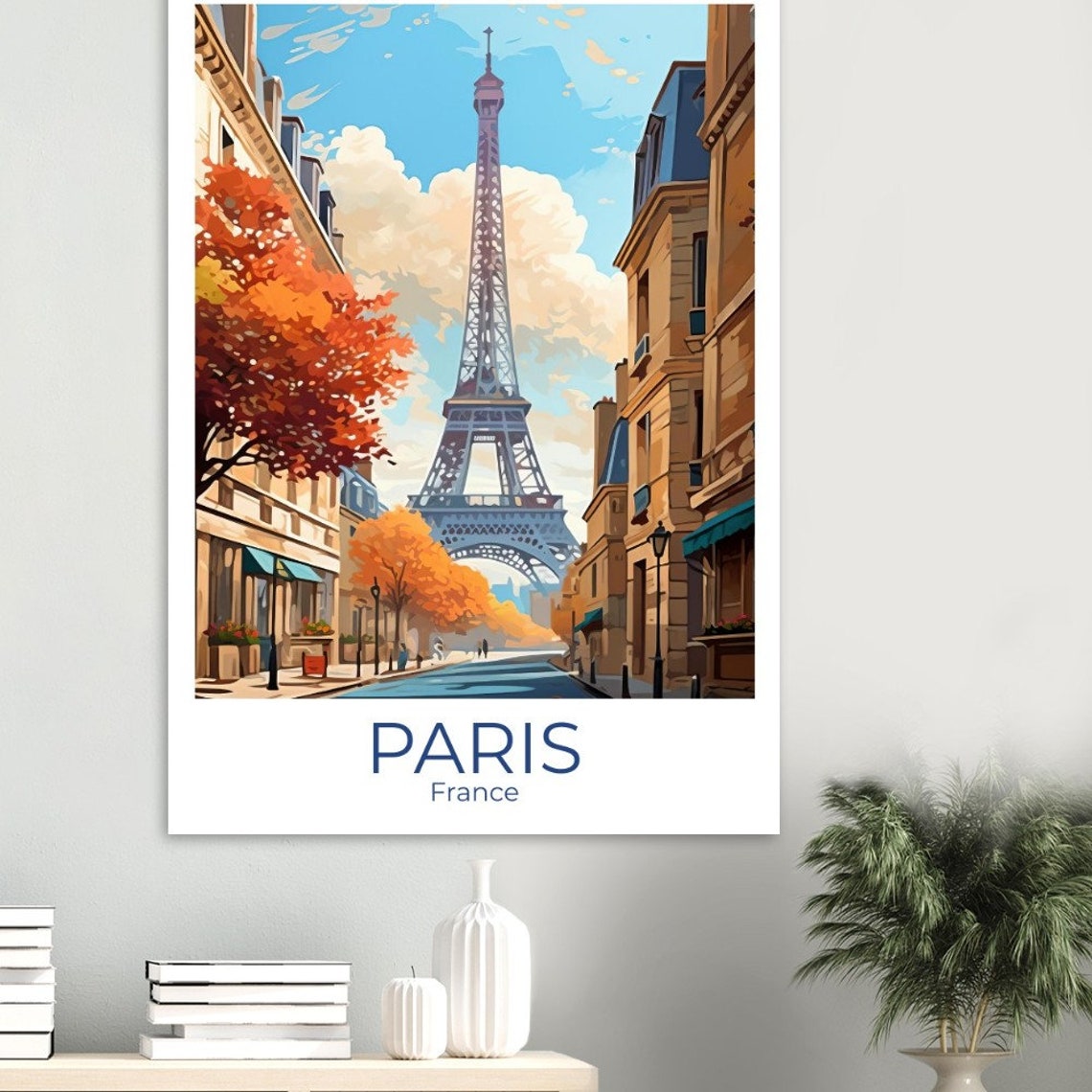 Illustrated Paris Eiffel Tower Autumn Street Scene Travel Poster - Image 3