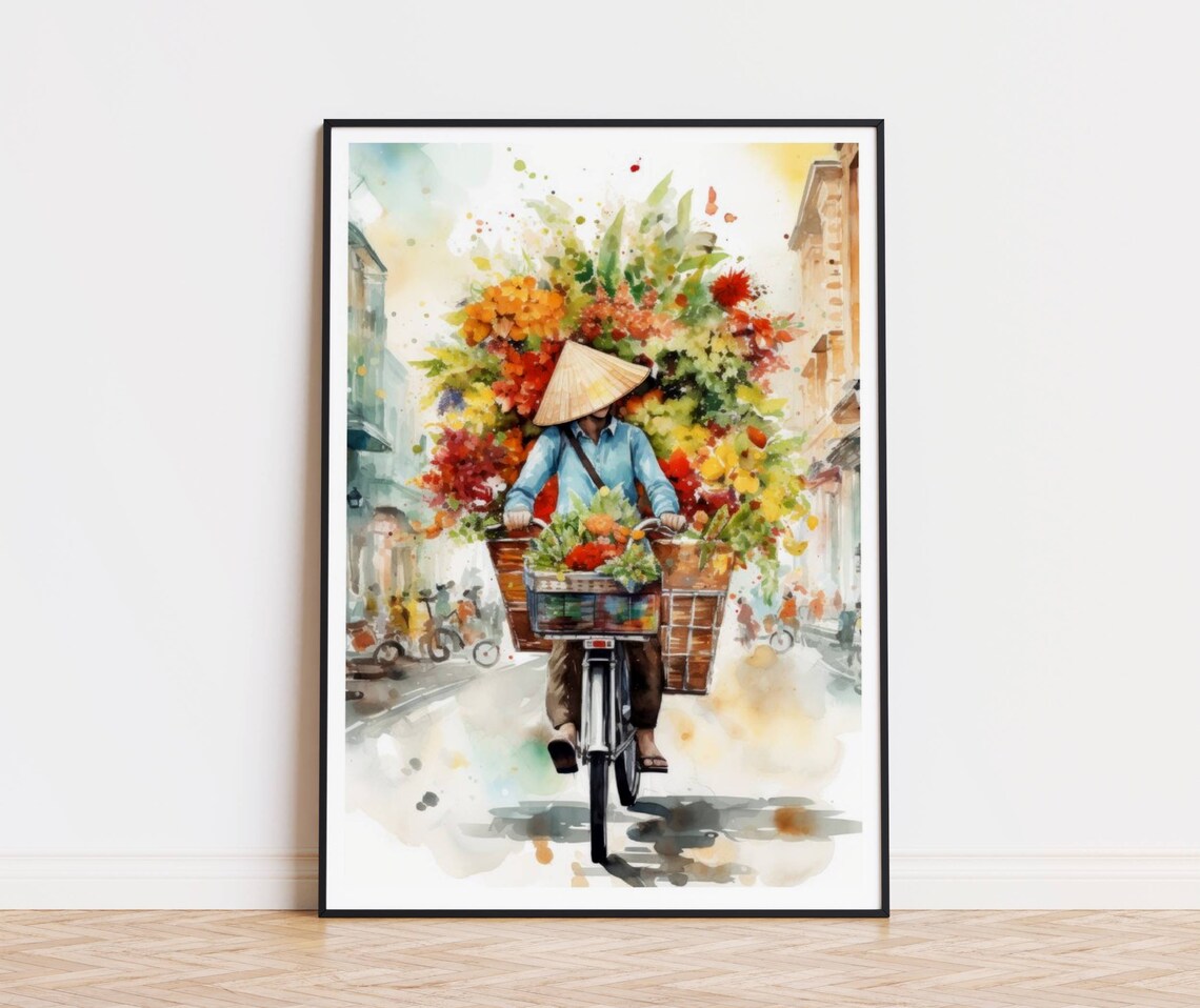 Hanoi Flower Bike Vendor Old Quarter Watercolor Street Scene Poster