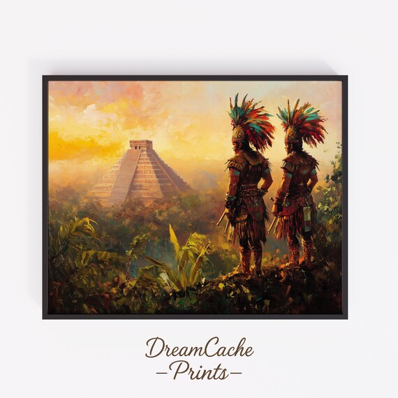 Two Aztec Warriors At Dawn Facing A Pyramid Oil Painting Poster