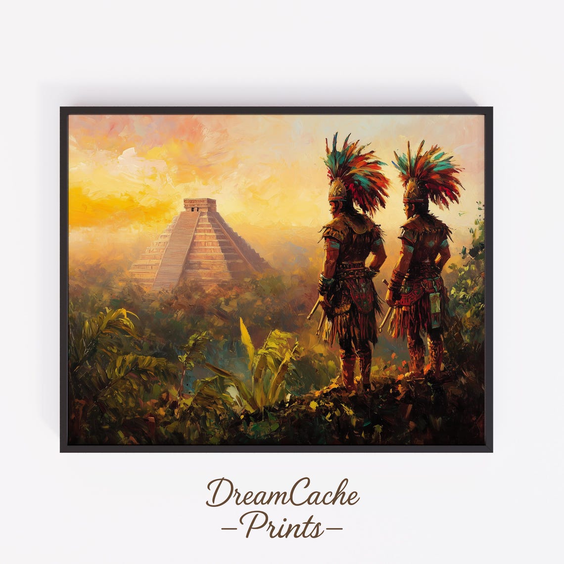 Two Aztec Warriors At Dawn Facing A Pyramid Oil Painting Poster