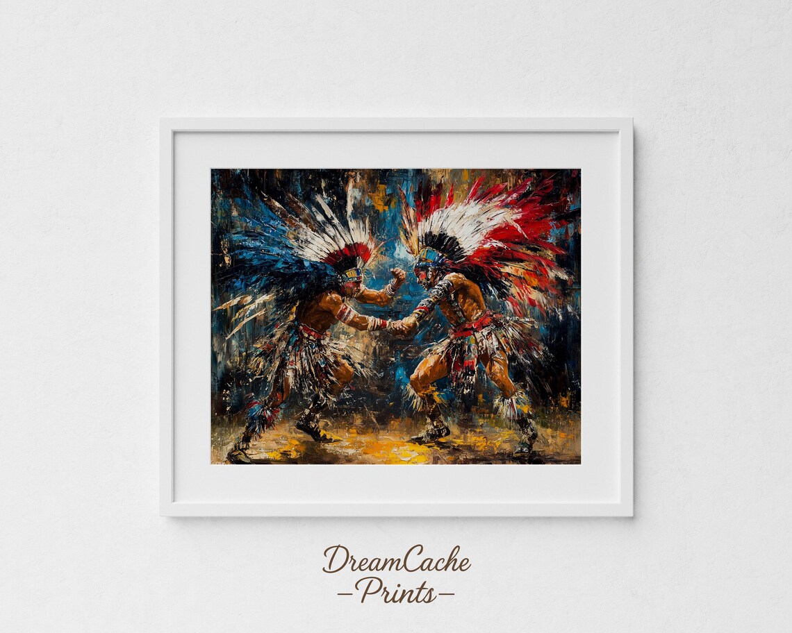 Two Aztec Dancers In Feathered Headdresses Ceremonial Dance Oil Painting Poster