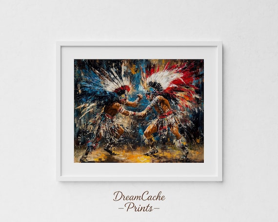 Two Aztec Dancers In Feathered Headdresses Ceremonial Dance Oil Painting Poster