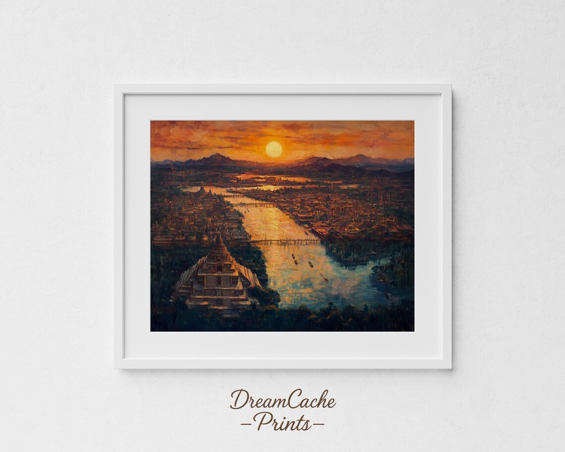 Ancient Tenochtitlan At Golden Sunset Aerial Oil Painting Poster