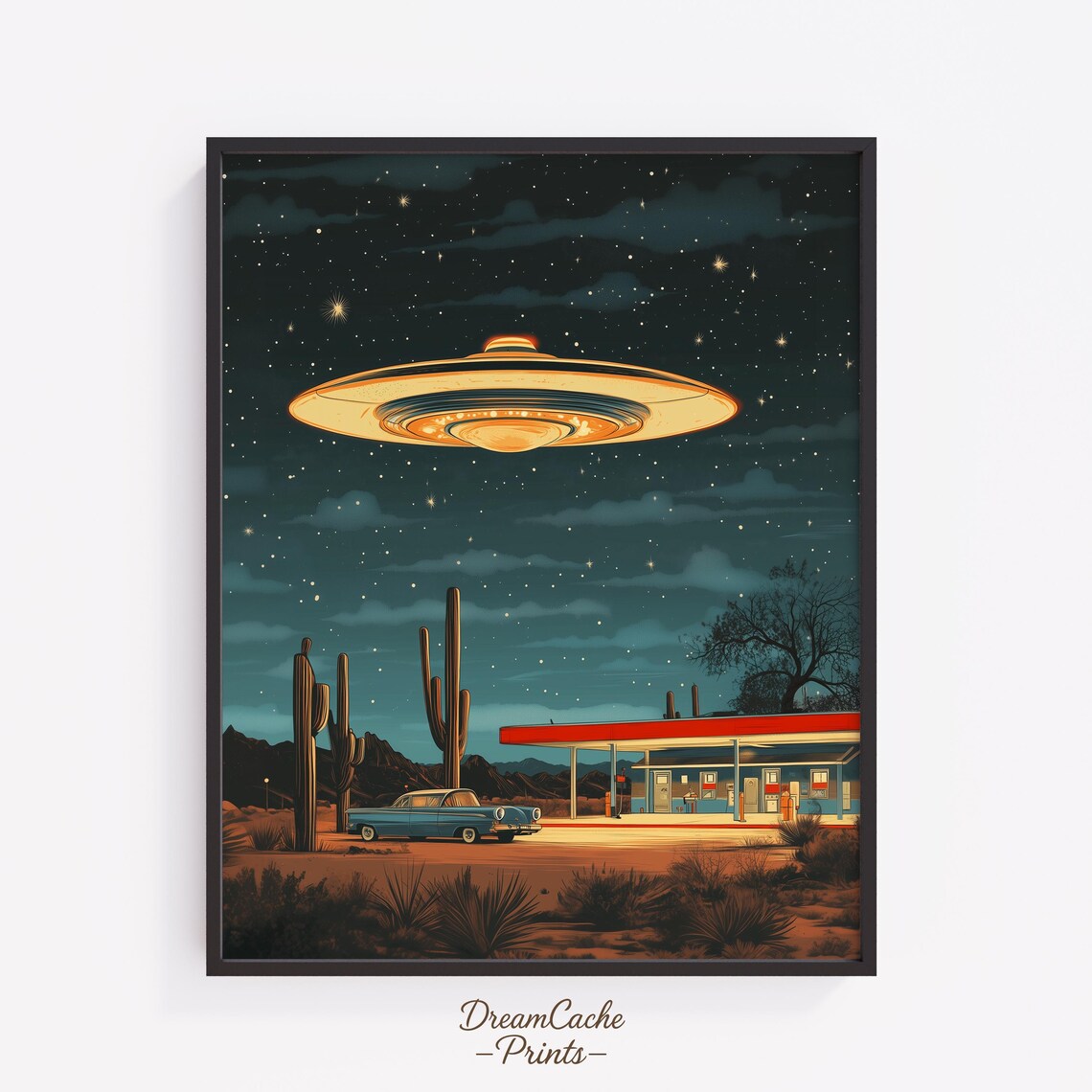 Vintage UFO Poster Art, Retro Spaceship Scene