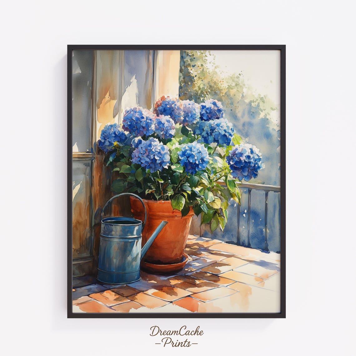 Blue Hydrangea Pot Sunlit Balcony Watercolor Garden Floral Print