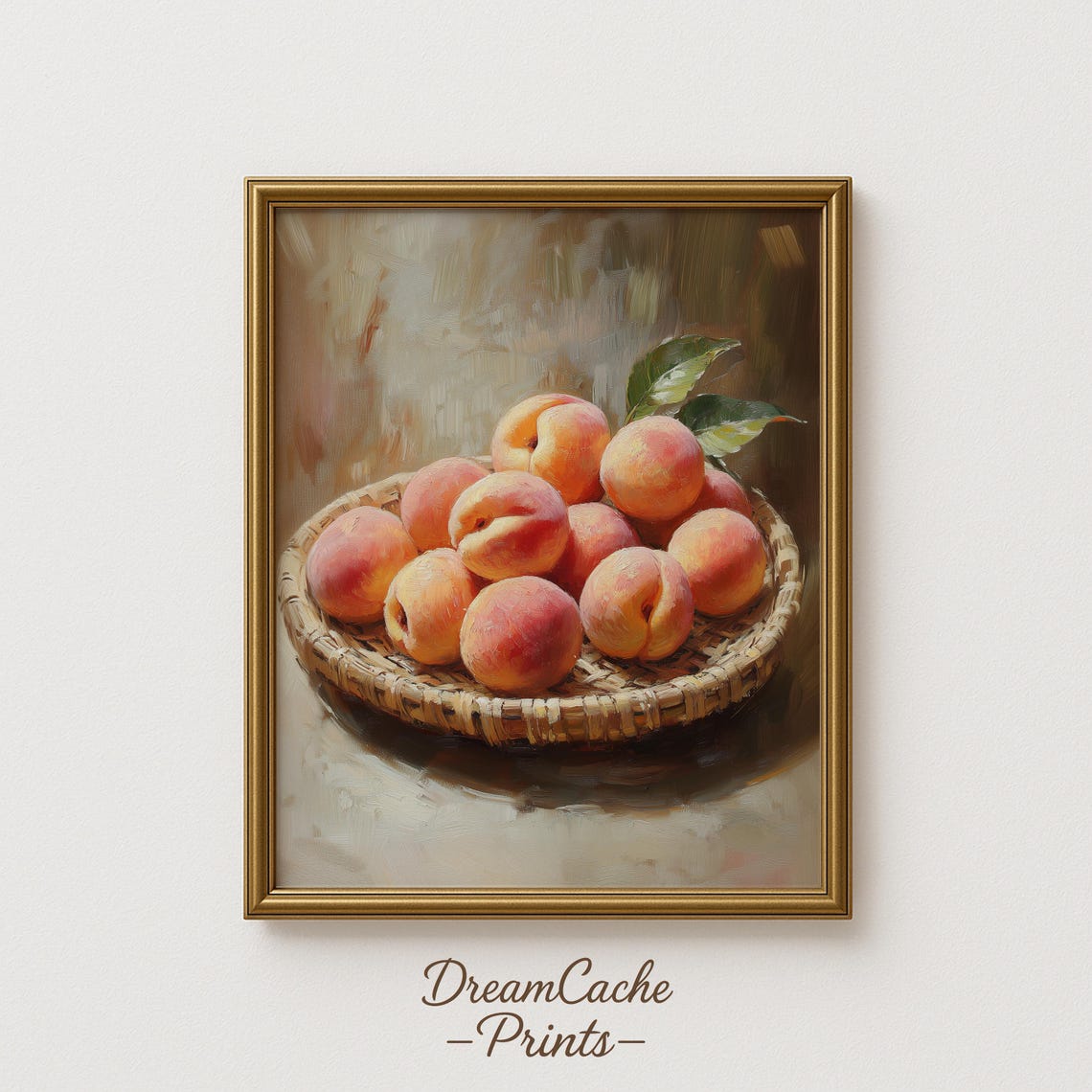 Summer Peaches Wicker Basket Rustic Fruit Oil Still Life Wall Art