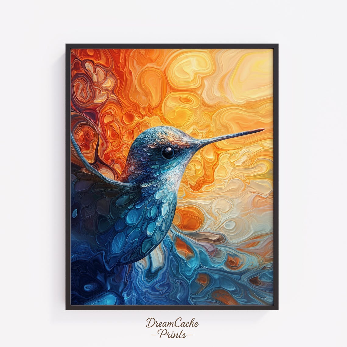Surreal Hummingbird Close Up Against Fiery Orange Swirls Poster