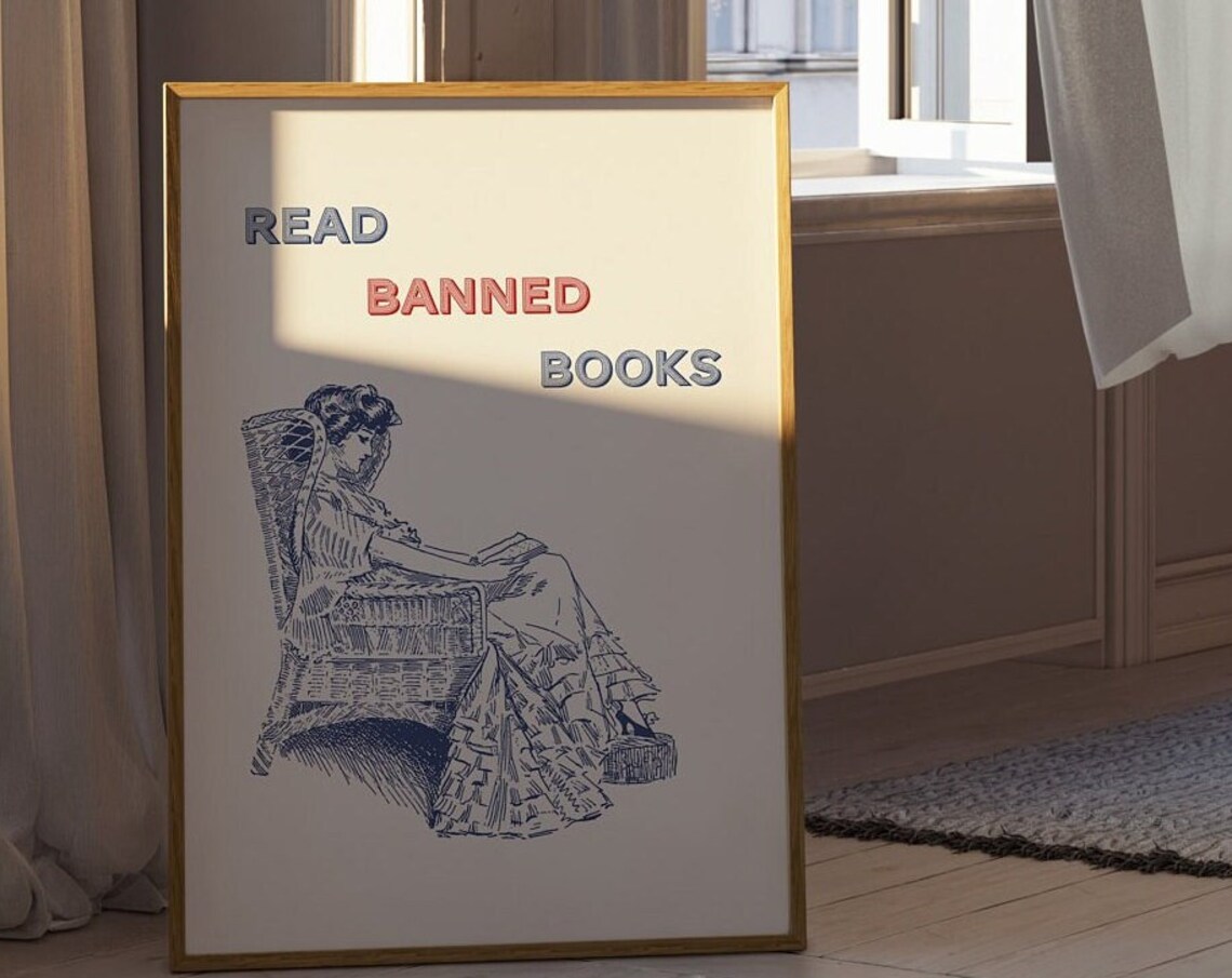 Read Banned Books Vintage Woman Reading Illustration Art Poster - Image 2