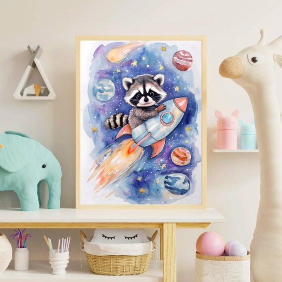 Cute Raccoon Riding Rocket Watercolor Space Nursery Animal Astronaut Poster