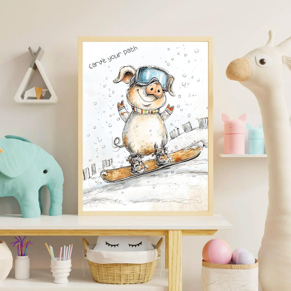 Carve Your Path Snowboard Piglet Cute Winter Nursery Ski Quote Poster