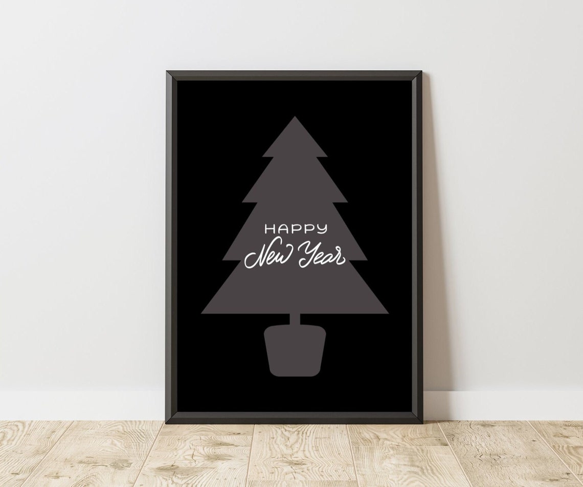 Happy New Year Grey Christmas Tree Black Minimalist Wall Art - Image 3