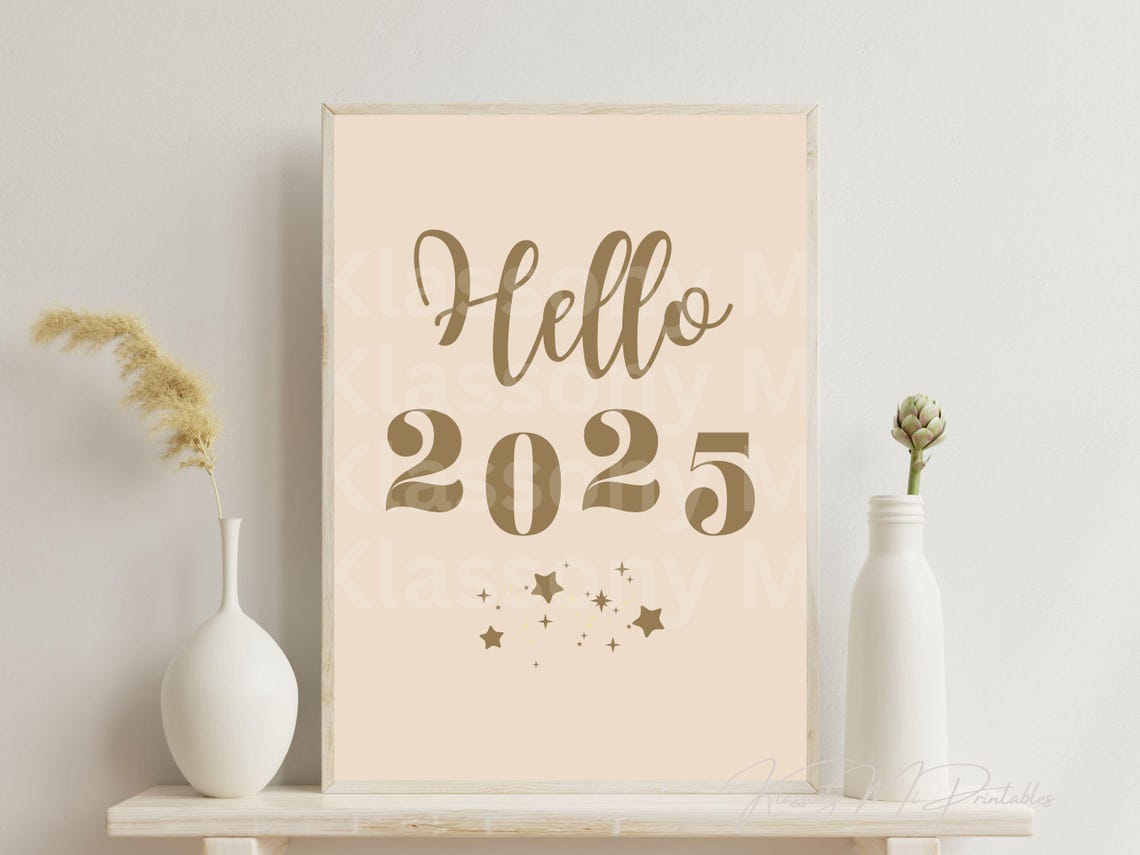 Hello 2025 Elegant Gold Script Stars New Year Celebration Wall Art - Image 2