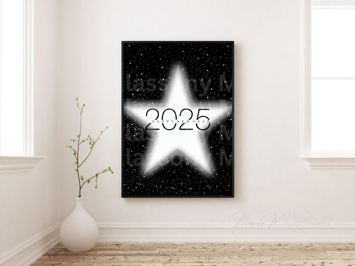 2025 Happy New Year Glowing White Star Black Night Sky Poster - Image 3