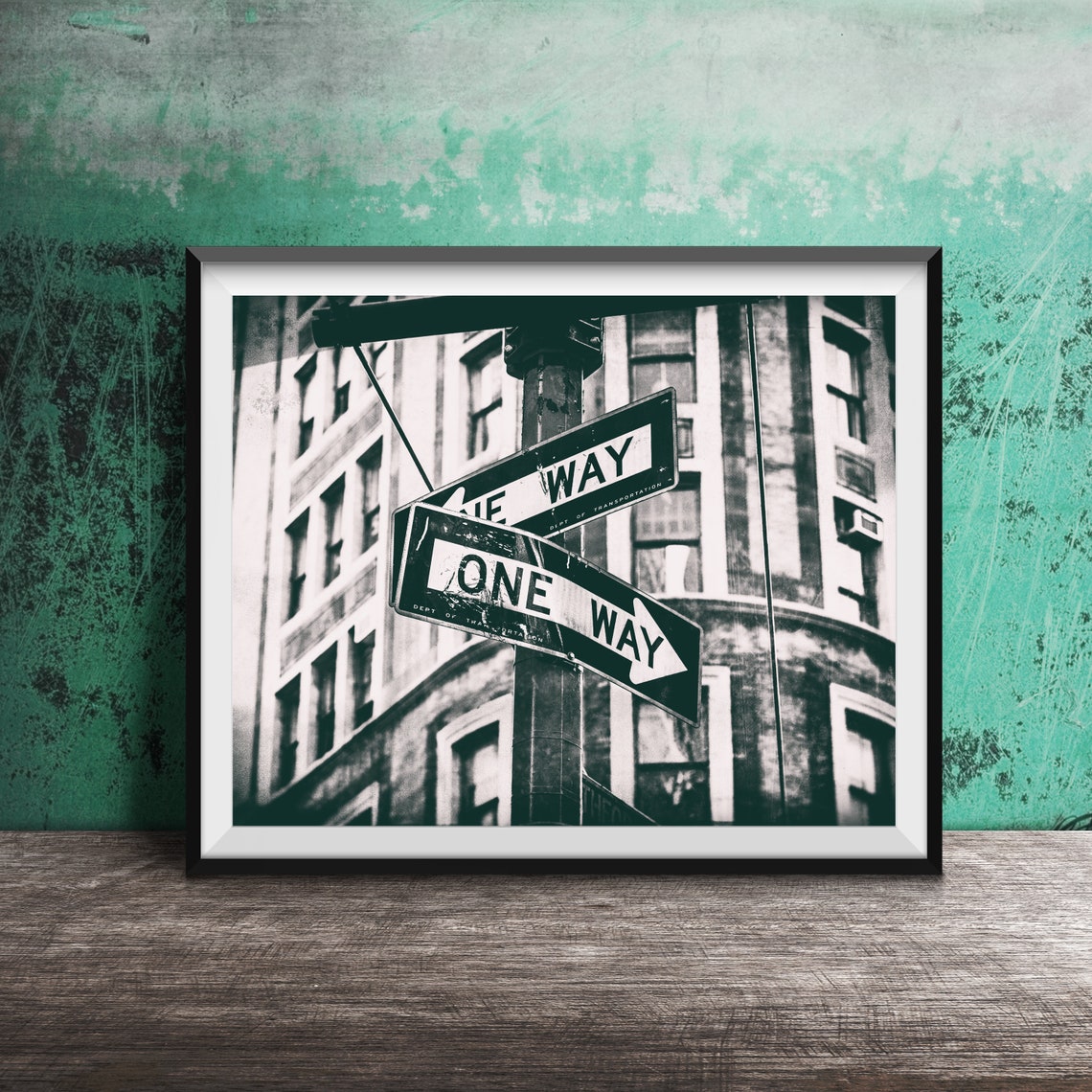 One Way Street Signs Lamppost Black and White New York Poster