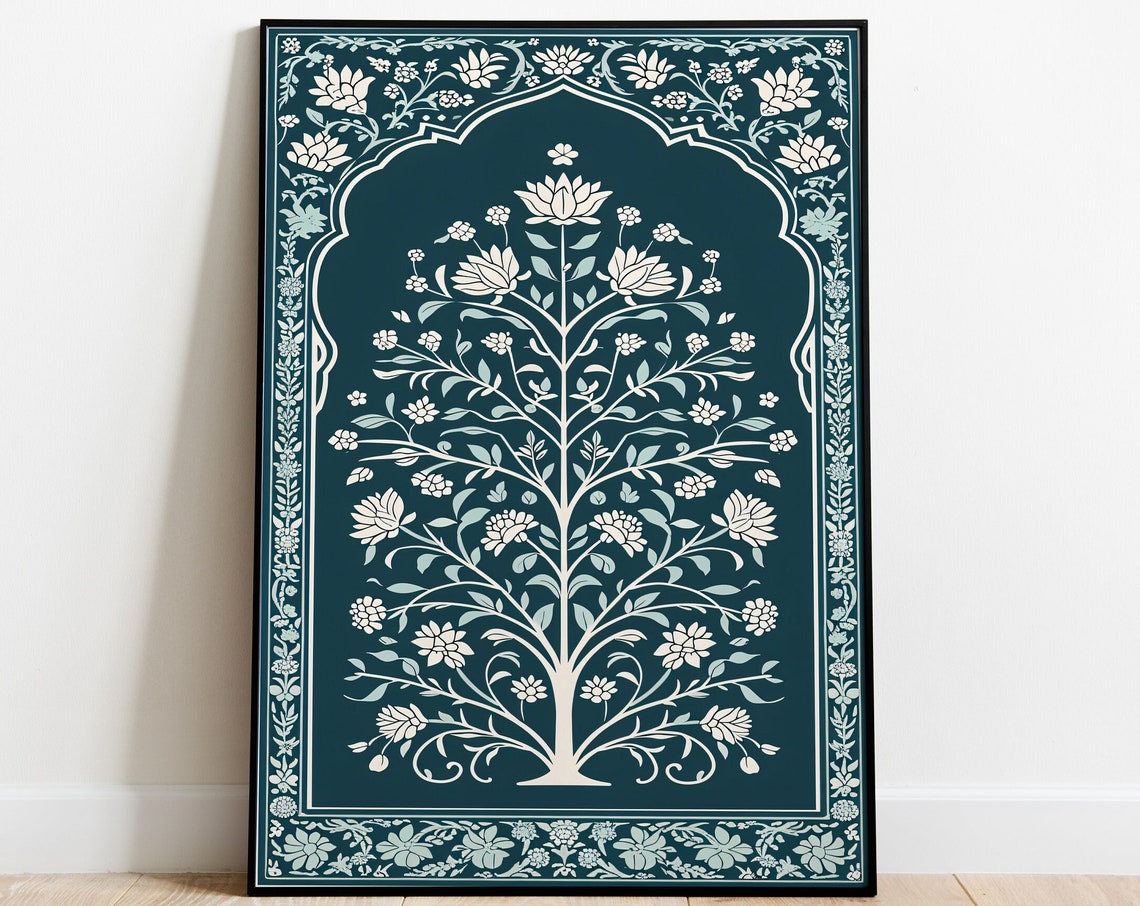 White on Teal Mughal Floral Arch Panel Classic Indian Art Poster