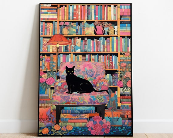 Cat In The Library, Maximalist Botanical Poster