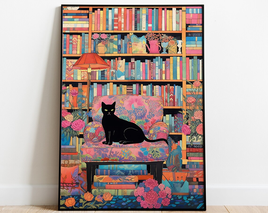 Cat In The Library, Maximalist Botanical Poster