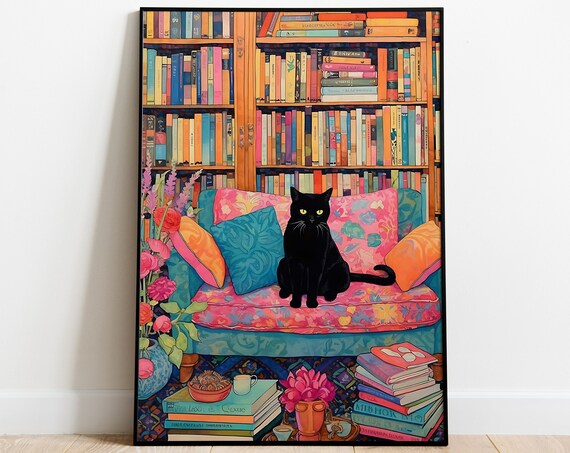 Black Cat in a Colorful Maximalist Library Full of Books Poster