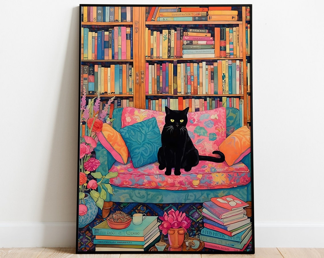 Black Cat in a Colorful Maximalist Library Full of Books Poster