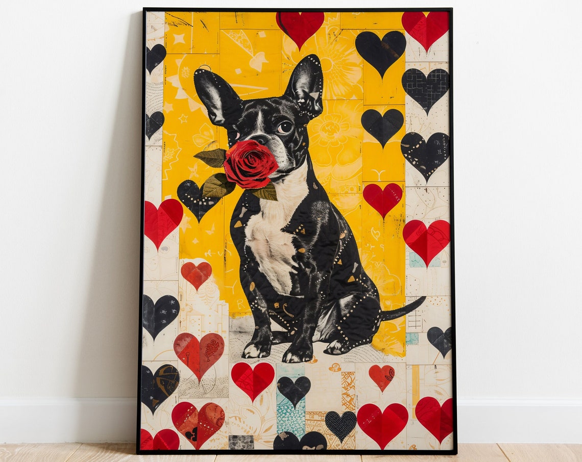 French Bulldog Holding a Red Rose Hearts Pop Art Love Poster