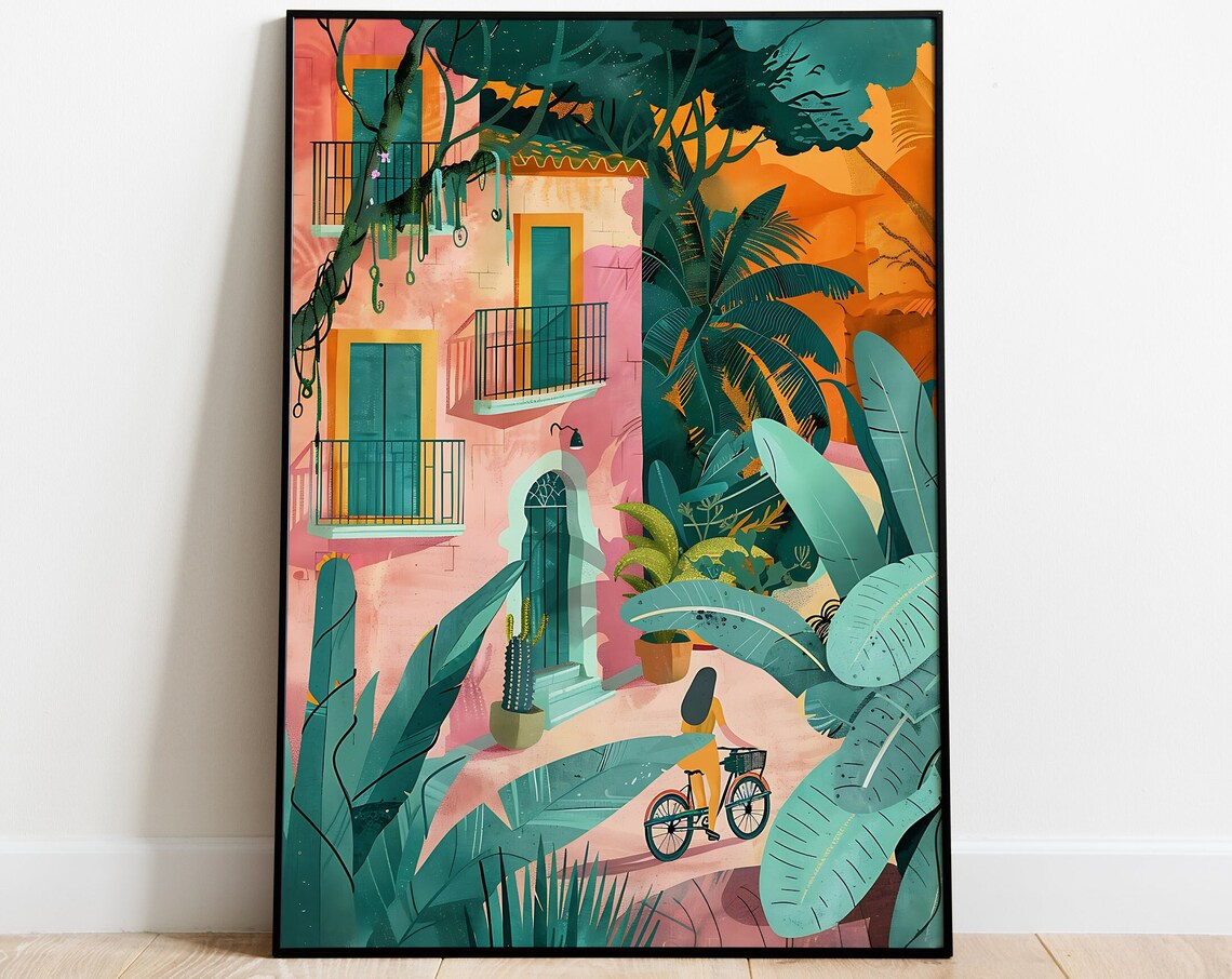Mexican Woman Cycling Tropical Courtyard Travel Illustration Poster