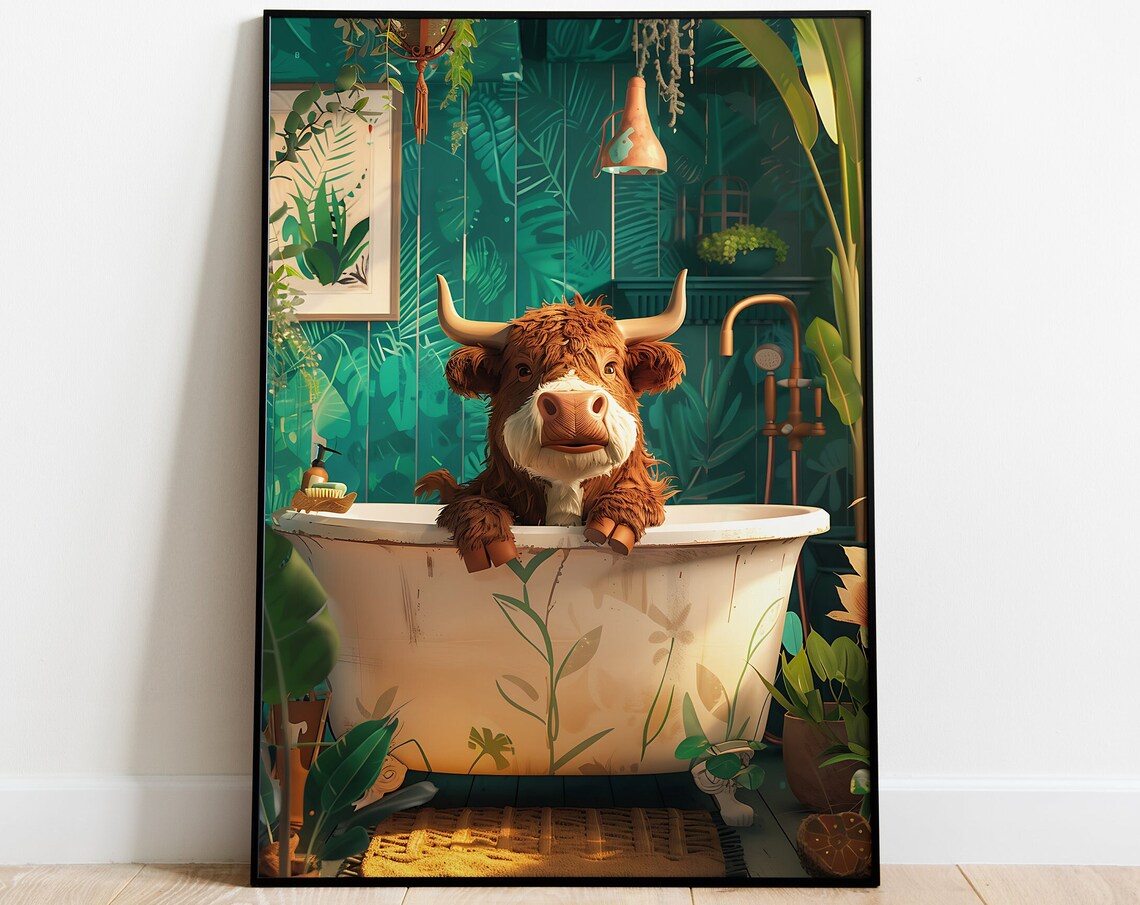 Scottish Bull In A Tub Maximalist Animal Art Print