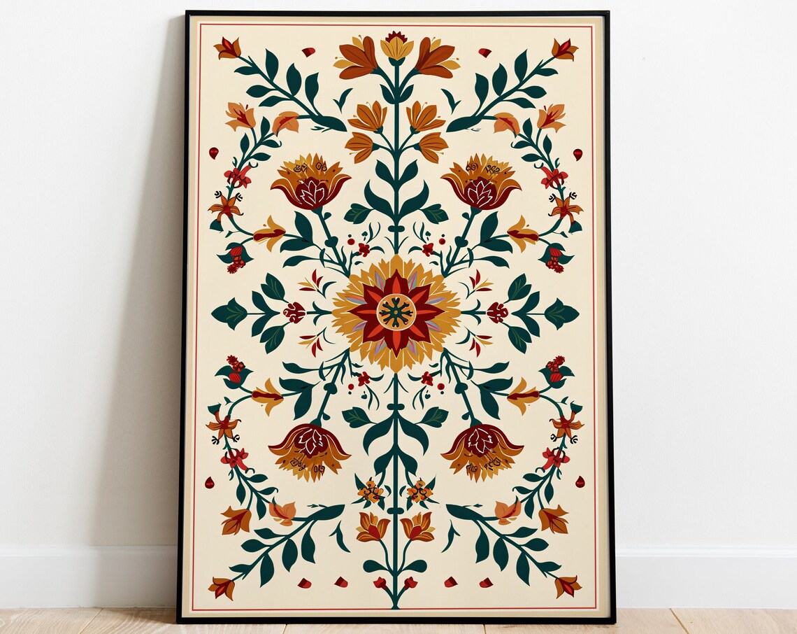 Gold Red Mughal Floral Motif Symmetric Botanical Artwork Poster