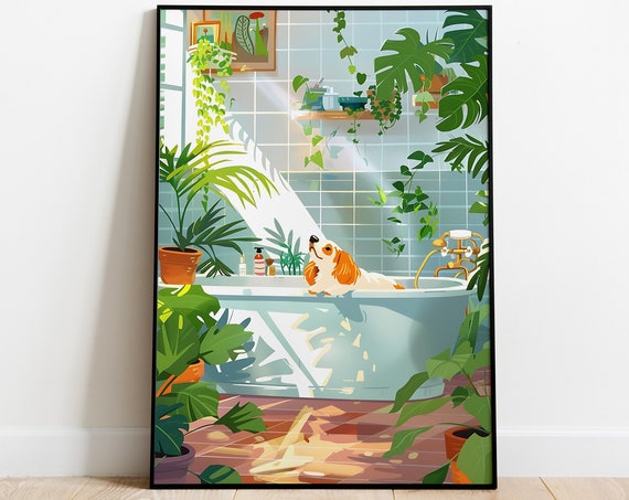 Pet Dog In A Bath Wall Art Funny Pet Poster Printable Art Dog Lover Gifts Puppy Art Maximalist Wall Art Bathroom Wall Art