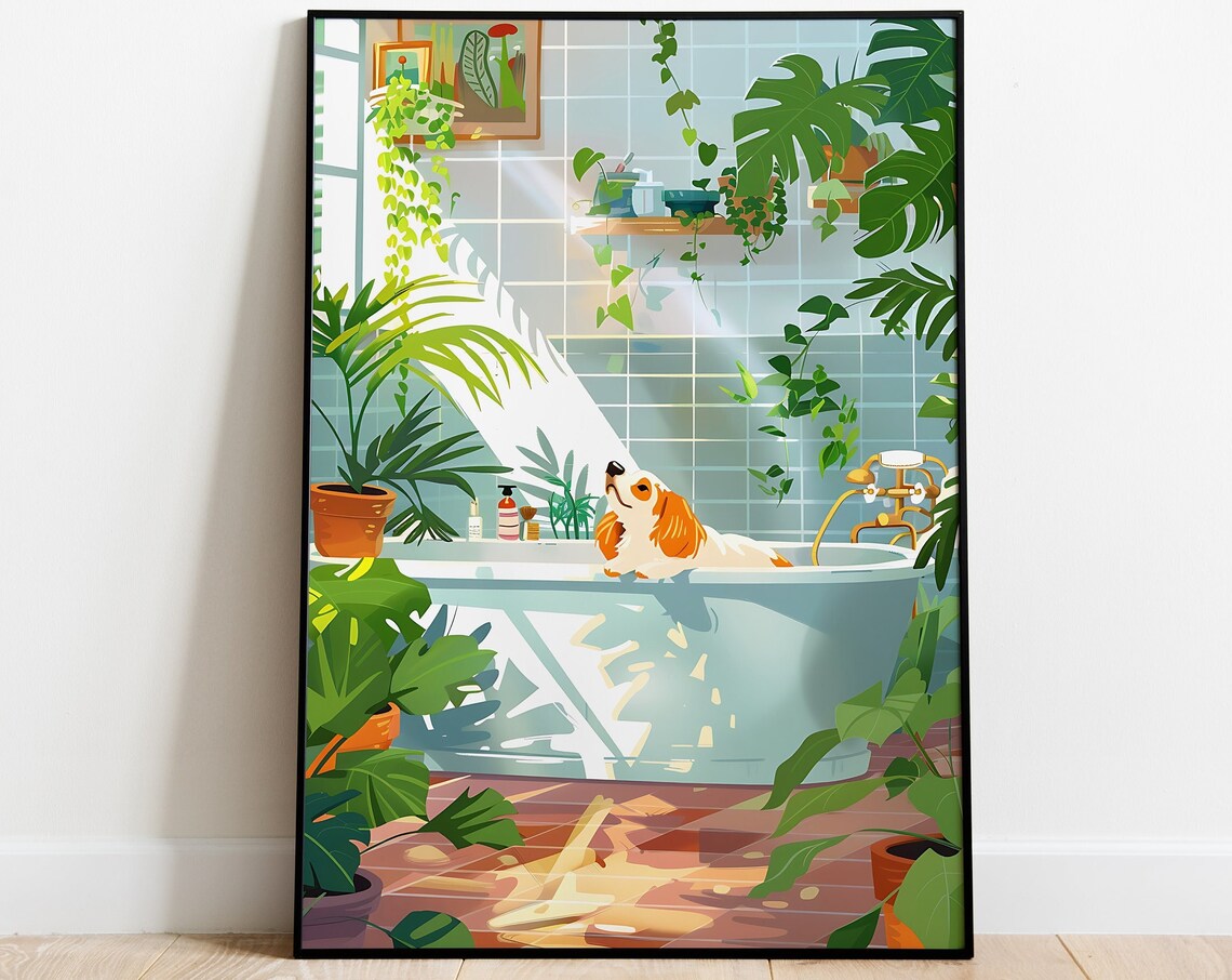 Cute Puppy in a Bathtub Among Houseplants Bathroom Humor Poster