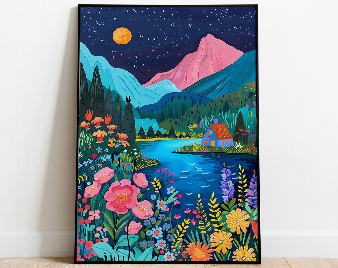 Moonlit Mountain Valley Lake Cabin Night Floral Folk Art Poster