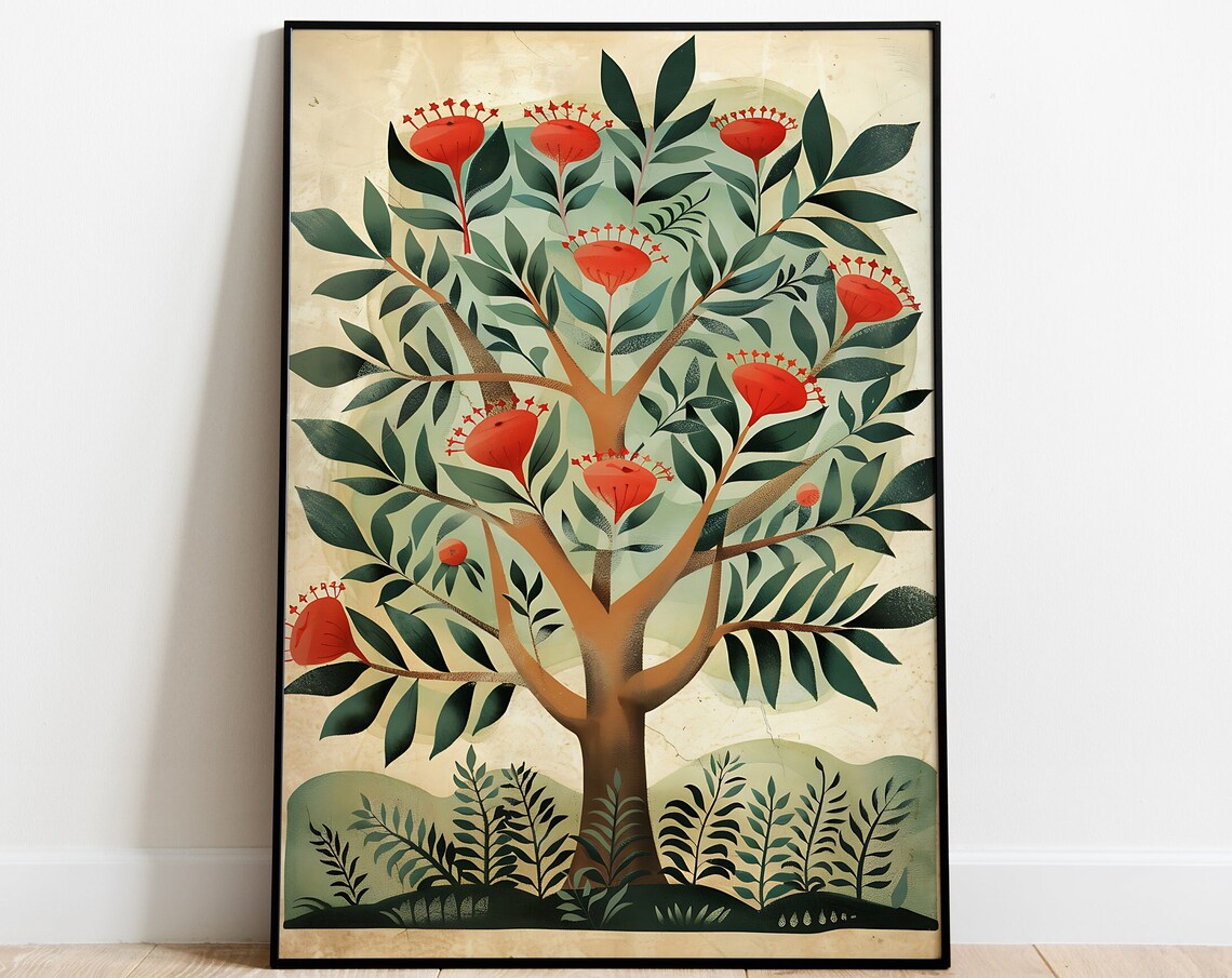 Vintage Flowering Tree Red Blossoms Indian Folk Style Nature Poster