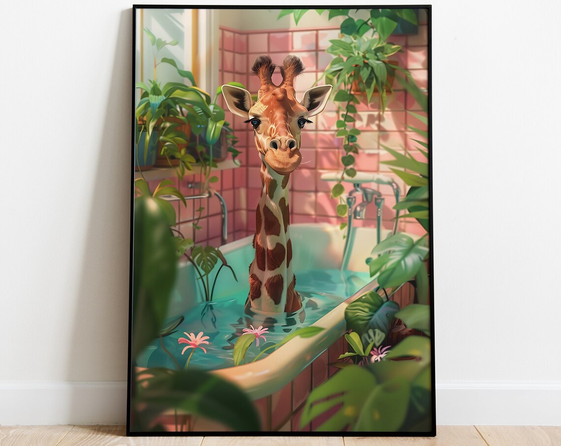 Giraffe In A Tub Botanical Animal Art Print