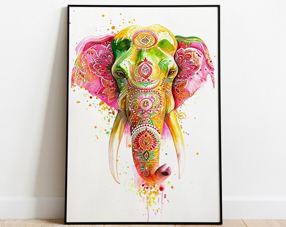 Colorful Watercolor Elephant Head With Mandala Patterns Art Poster