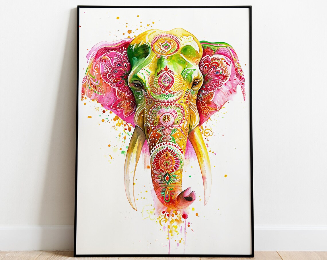 Colorful Watercolor Elephant Head With Mandala Patterns Art Poster