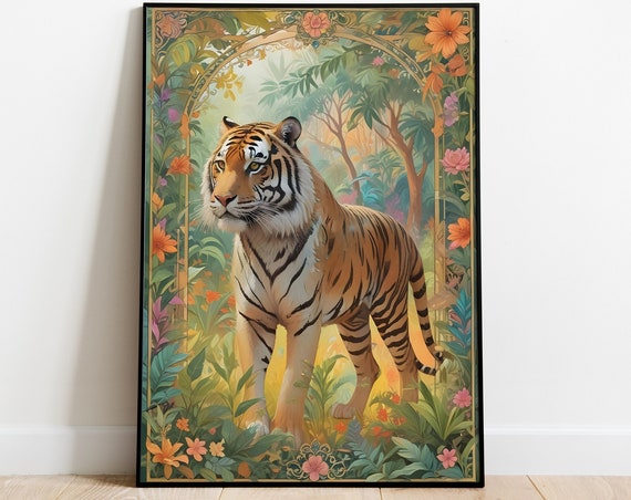 Bengal Tiger Standing Lush Floral Jungle Ornate Border Decor Poster