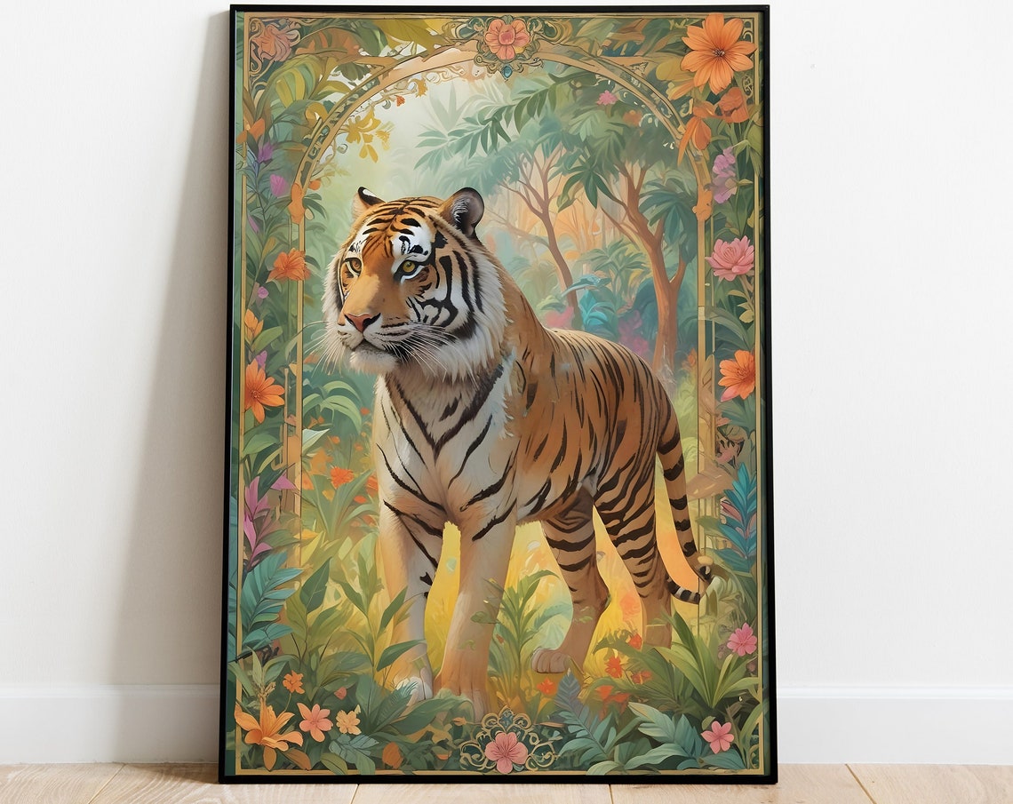 Bengal Tiger Standing Lush Floral Jungle Ornate Border Decor Poster