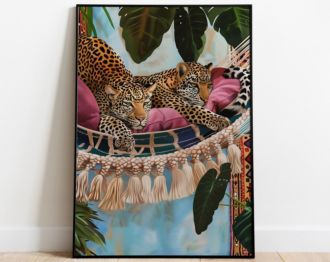 Two Leopards Resting Macrame Hammock Tassels Tropical Leaf Art Poster
