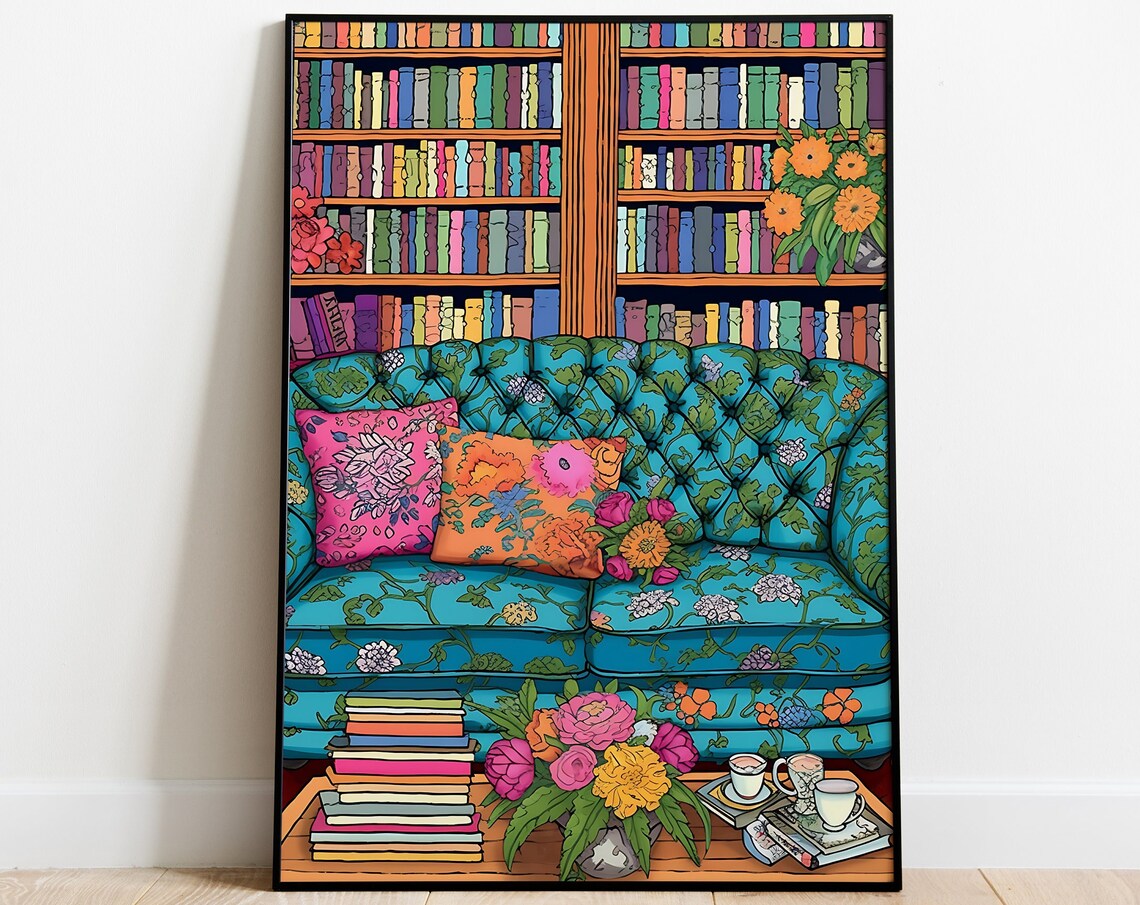 Tufted Blue Floral Sofa In A Cozy Library With Books And Afternoon Tea Poster