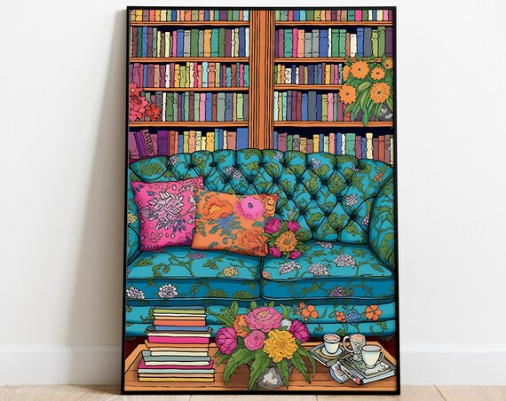 Tufted Blue Floral Sofa In A Cozy Library With Books And Afternoon Tea Poster