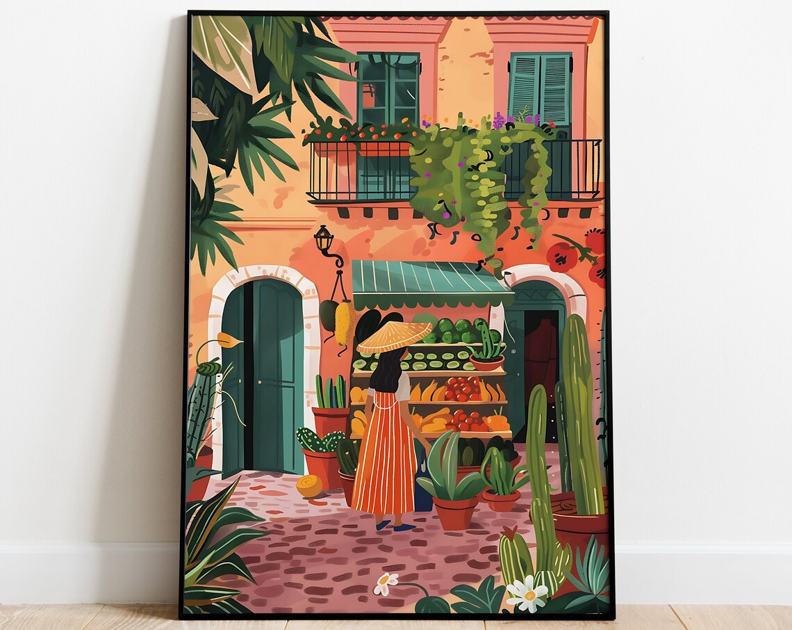 Mexican Market Street Produce Stall Cactus Terracotta Art Poster