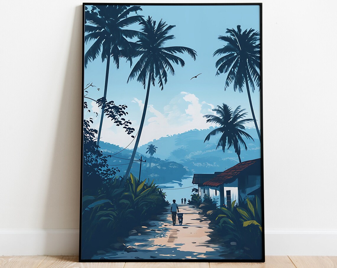 Kerala India Backwaters Palm Trees Tropical Village Travel Poster