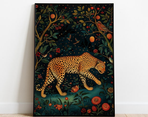 Leopard Prowling Through A Dark Floral Jungle Night Big Cat Wall Art