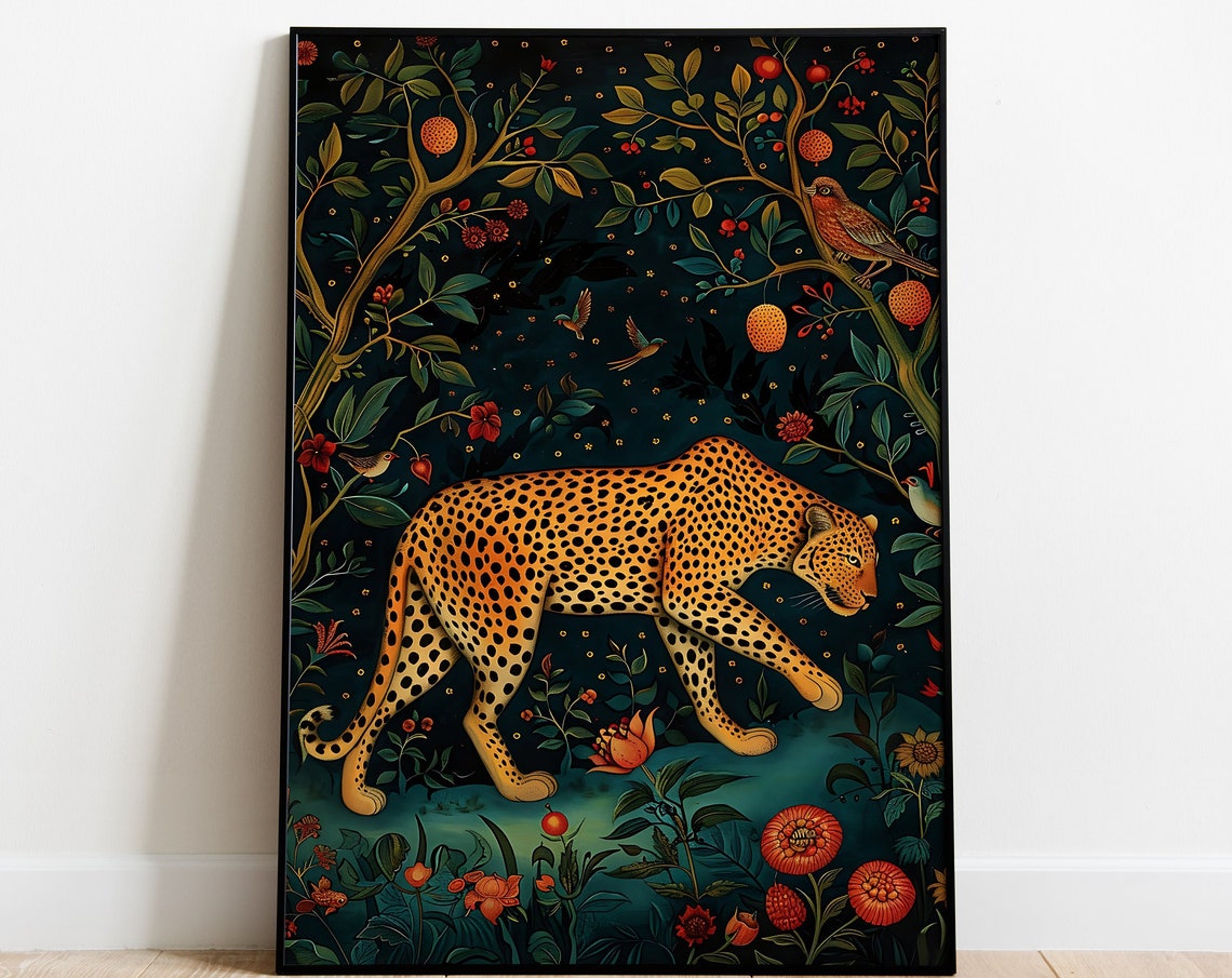 Leopard Prowling Through A Dark Floral Jungle Night Big Cat Wall Art