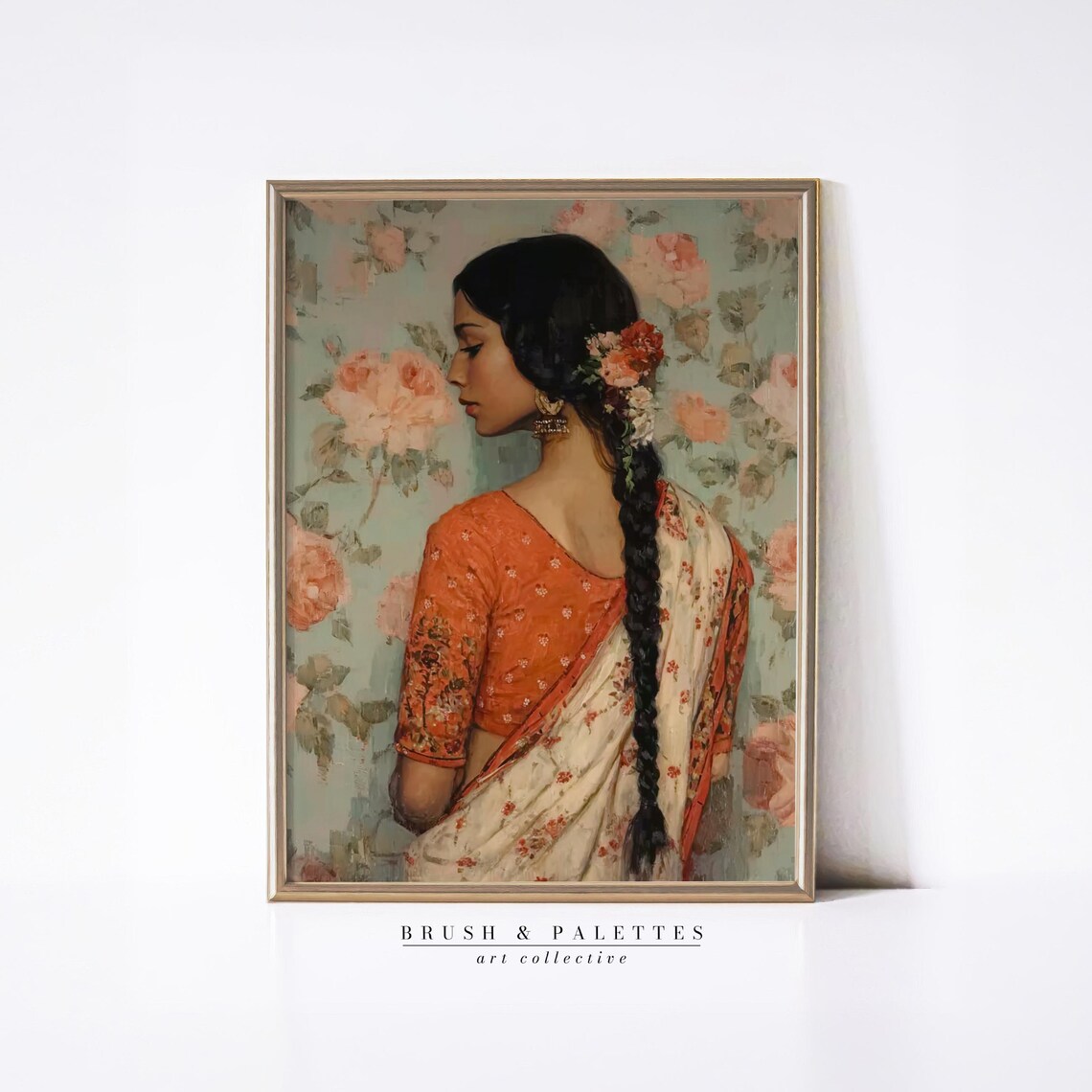 Woman in Saree Floral Portrait Traditional Indian Cultural Wall Art
