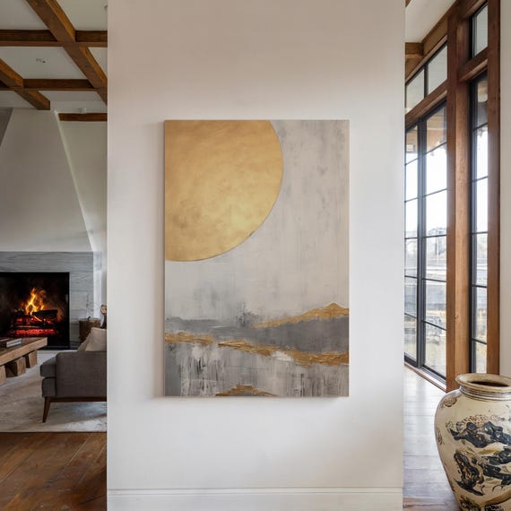 Golden Sun Over Gray Horizon Print Abstract Landscape Wall Decor Minimalist Metallic Art For Modern Or Japandi Homes
